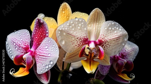 Beautiful orchids on a black background with dew drops. Mother s day concept with a space for a text. Valentine day concept with a copy space.