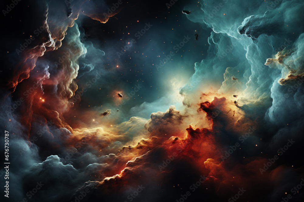 An artistic rendering of colorful gas nebulae and stars in space, conveying the beauty and complexity of the universe.  