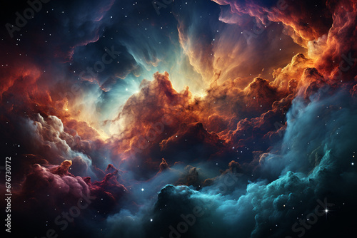 An artistic rendering of colorful gas nebulae and stars in space  conveying the beauty and complexity of the universe. 