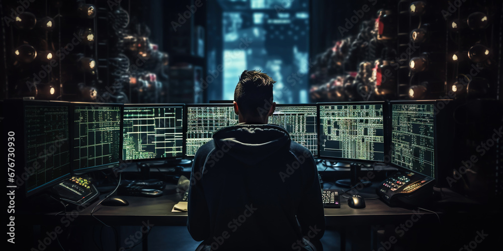 Tech Enthusiast Monitoring Global Data in a Dark Control Room. Hacker concept. Generative AI Tech Enthusiast Monitoring Global Data in a Dark Control Room. Hacker concept. Generative AI