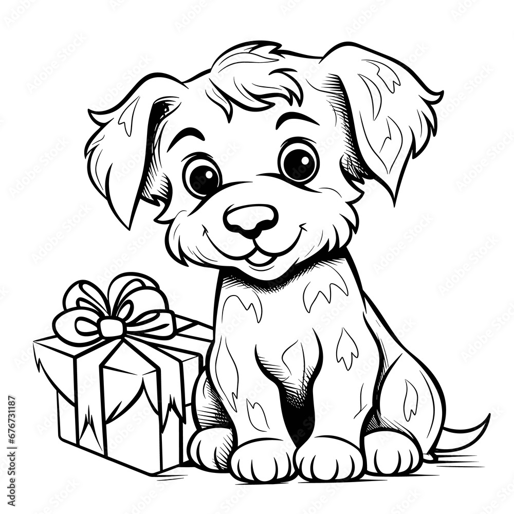 Fototapeta premium A Dog As A Christmas Gift With A Bow Gift , Coloring Pages Png