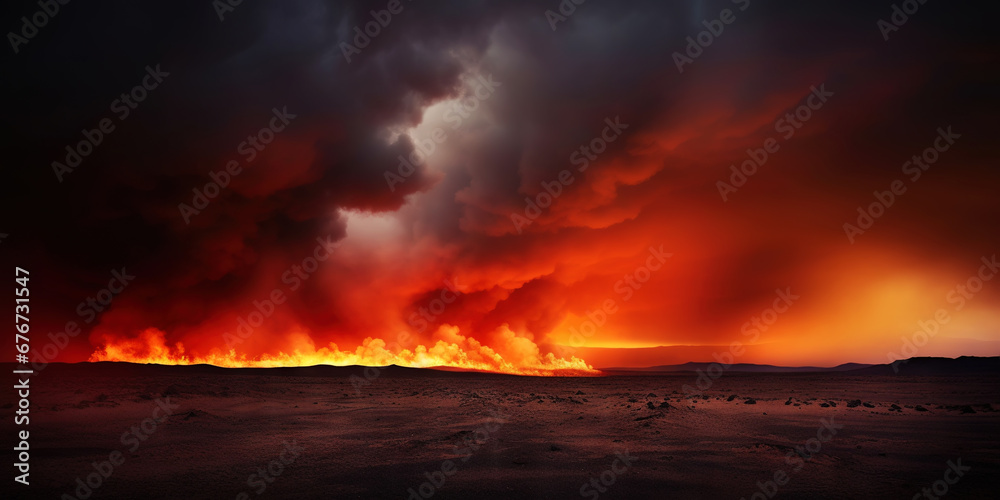 Desert sand dunes on huge fire. Dark smoke above. Dramatic disaster landscape. Generative AI Desert sand dunes on huge fire. Dark smoke above. Dramatic disaster landscape. Generative AI