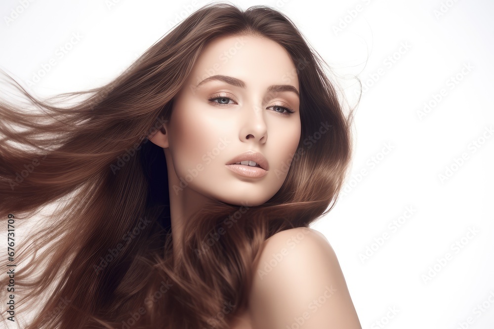 Beautiful long hair. Beauty with luxurious straight brown hair. Beautiful model on a white background.Generative AI Beautiful long hair. Beauty with luxurious straight brown hair. Beautiful model on a white background.Generative AI