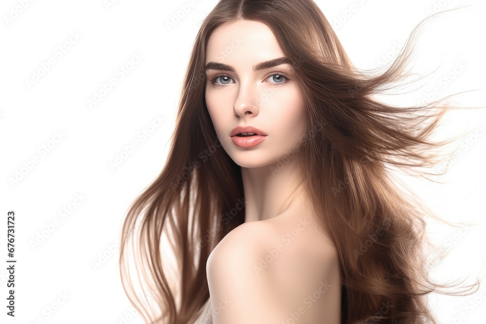 Beautiful long hair. Beauty with luxurious straight brown hair. Beautiful model on a white background.Generative AI Beautiful long hair. Beauty with luxurious straight brown hair. Beautiful model on a white background.Generative AI