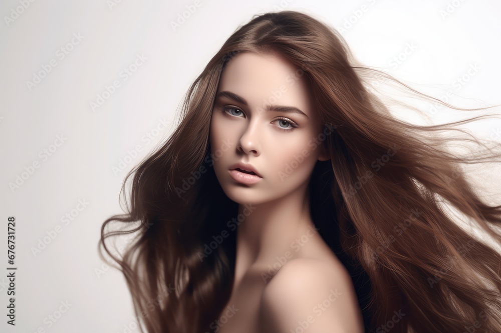 Beautiful long hair. Beauty with luxurious straight brown hair. Beautiful model on a white background.Generative AI Beautiful long hair. Beauty with luxurious straight brown hair. Beautiful model on a white background.Generative AI