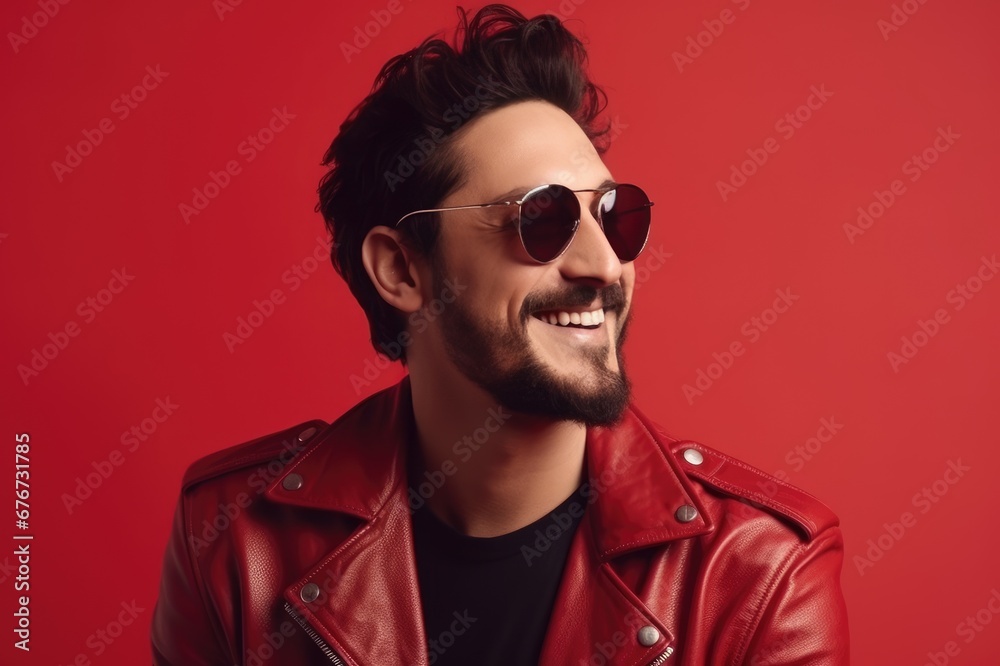 Obraz premium stylish portrait.Handsome young man in a leather jacket and sunglasses on a red background. Generative AI