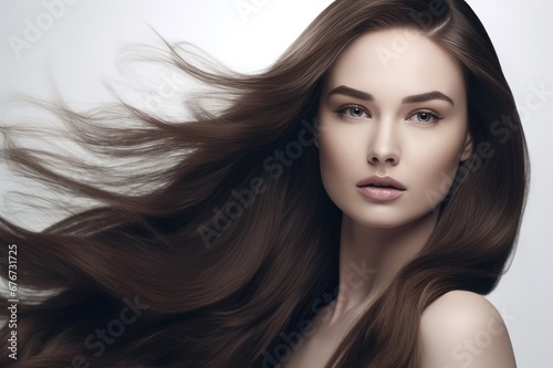 Beautiful long hair. Beauty with luxurious straight brown hair. Beautiful model on a white background.Generative AI
