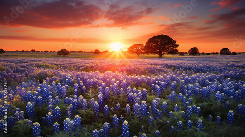 Fantastic Texas Bluebonnet Wildflower Spring Field at Sunrise