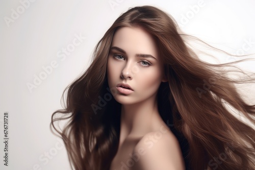 Beautiful long hair. Beauty with luxurious straight brown hair. Beautiful model on a white background.Generative AI