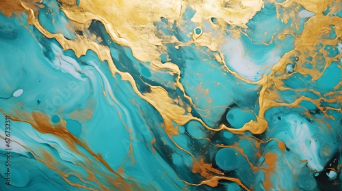  Marble texture. Eastern technique ebru. Contemporary art. Golden and turquoise mixed acrylic paints. Can be used as a trendy background for wallpapers marble Texture. generative AI. photo