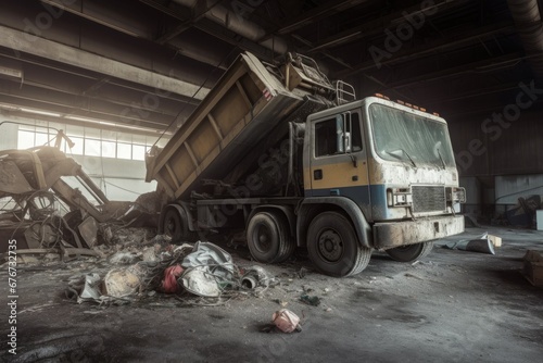 Garbage truck dumping indoor. Trash vehicle collection cleanup service. Generate Ai
