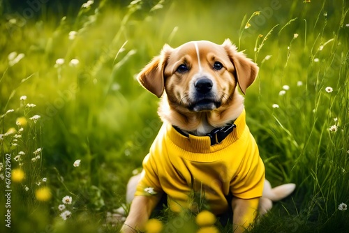 Funny cute dog puppy sitting in the grass and wearing yellow clothes.  outdoors fashion, clothing banner. 