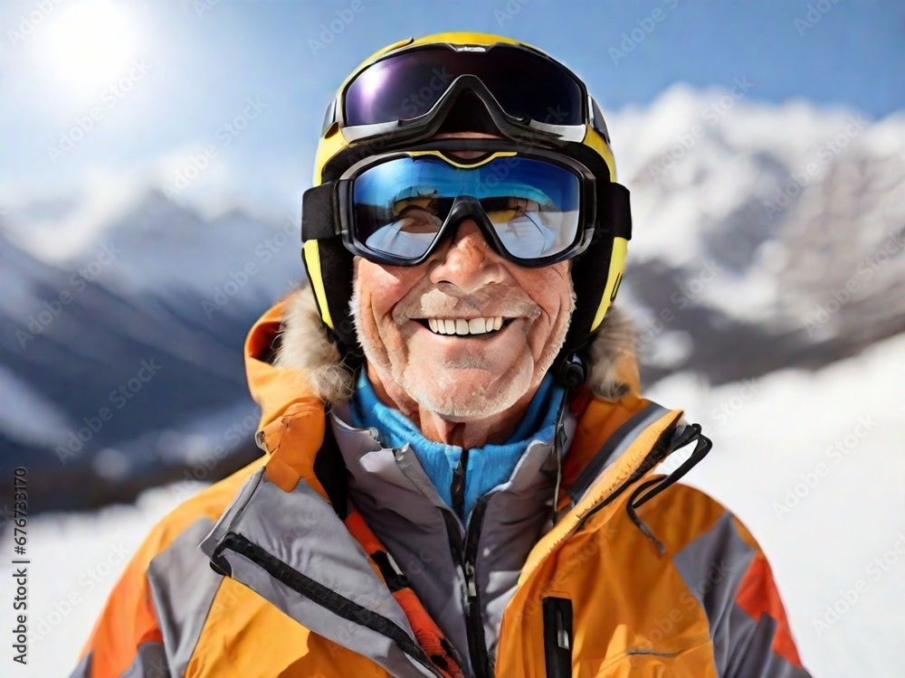 Senior old aged man smiling wearing orange ski suit and ski glasses Snow goggles at a ski resort on a sunny day. WInter vacation, happy people, happy retired and senior old people
