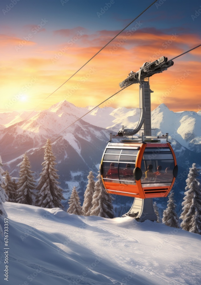 A cable car transporting skiers in a ski resort. Landscape covered with snow. Generative AI. A cable car transporting skiers in a ski resort. Landscape covered with snow. Generative AI.