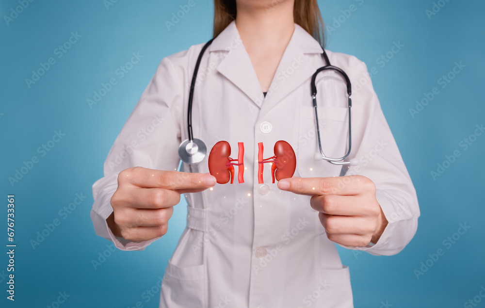 Female doctor holding kidney organ virtual icon. chronic kidney disease