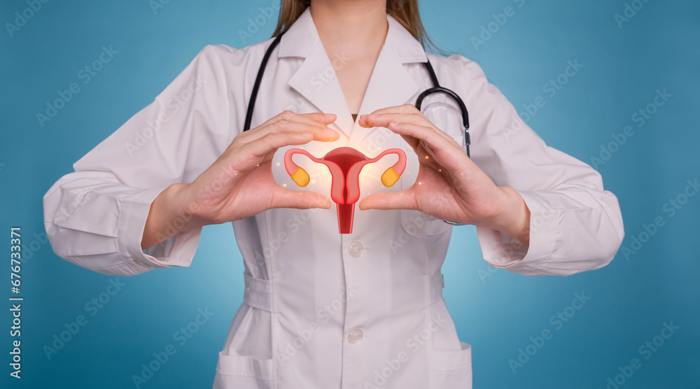 Foto de Female doctor wear medical uniform lab coat hands protective