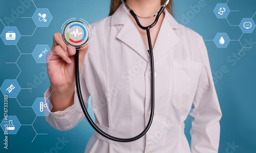 Female doctor wear medical uniform lab coat hands holding stethoscope and healthcare medical icon. Concept of health and access to welfare health and health insurance hospital.