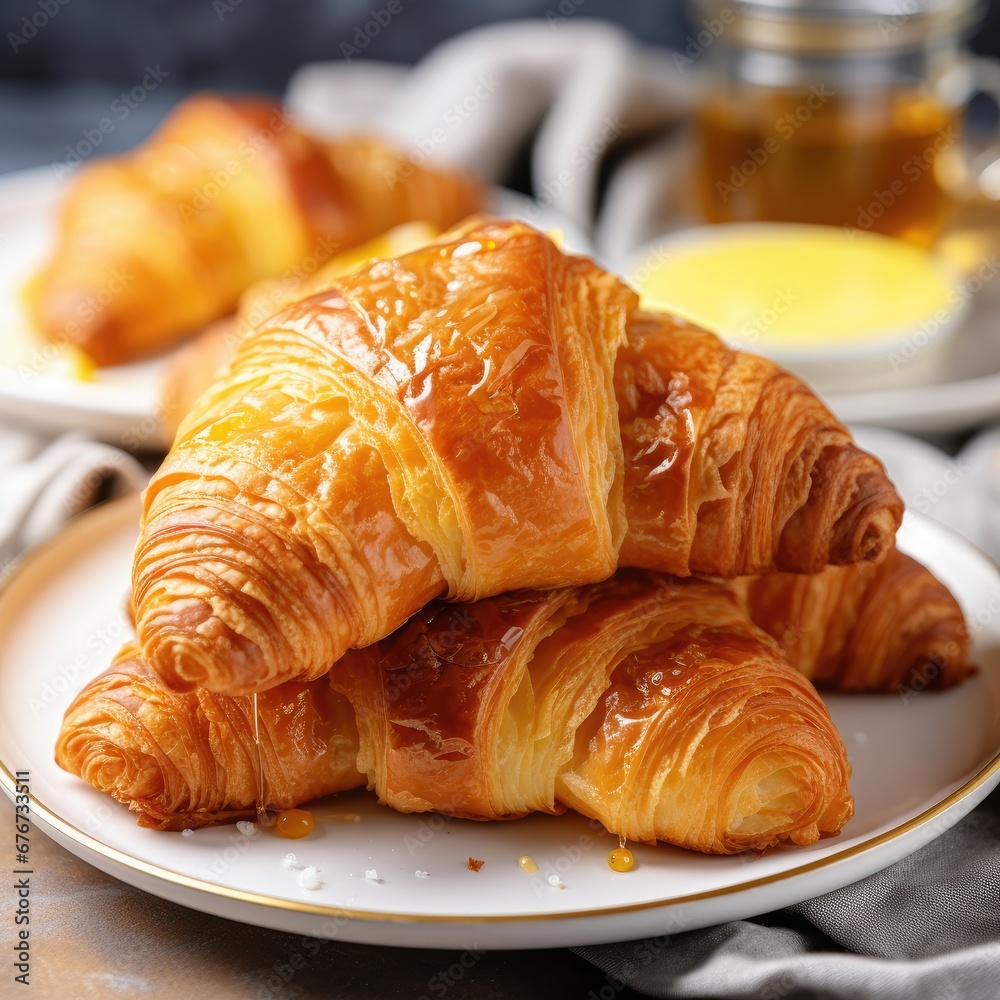 Tasty butter croissant placed on a plate. Fresh crispy croissant. Generative AI.