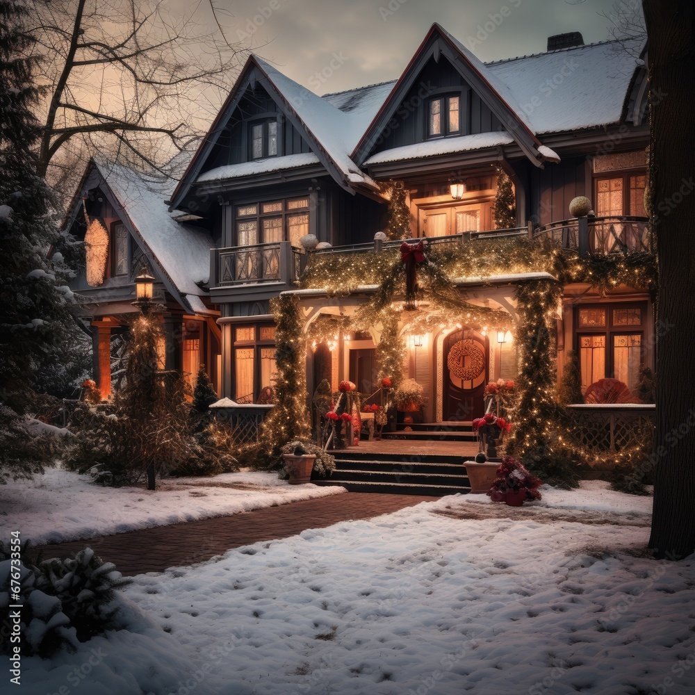 Fototapeta premium Christmas decoration on the family house. Generative AI.