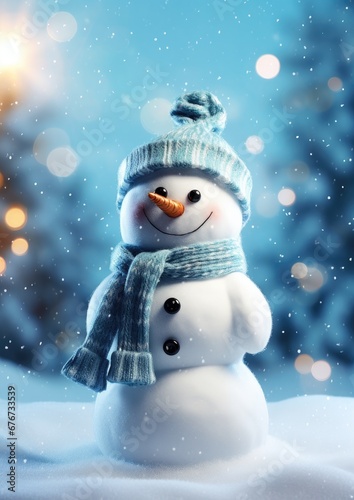 Cute snowman on a snowy background. Generative AI.