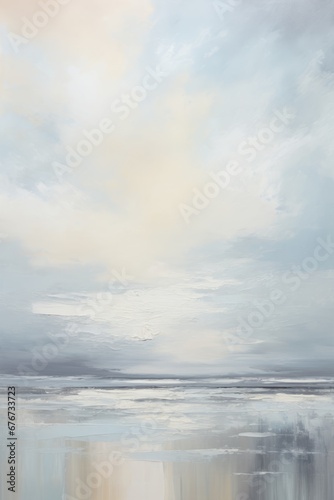 An abstract portrayal of a tranquil seascape, with gentle streaks of pastel blue and soft gray, mirroring a calm, overcast day by the ocean.