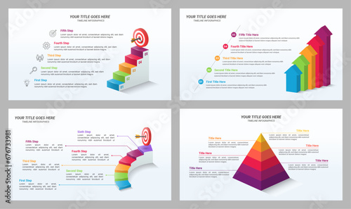 Editable Stairs and Pyramid Infographic with 4, 5, 6, and 8 Steps with a 16:9 Layout for Business Presentations, Planning, Management, and Evaluation.