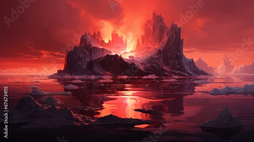 An image of a fiery volcano erupting into a frigid arctic sea  showcasing the raw power of nature s elements.