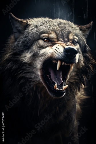 An expressive portrait of a howling wolf  with its mouth open wide and fur standing on end  conveying the call of the wild.
