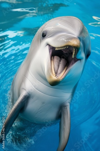 A close-up of a playful dolphin, its smiling mouth and expressive eyes radiating joy and intelligence.