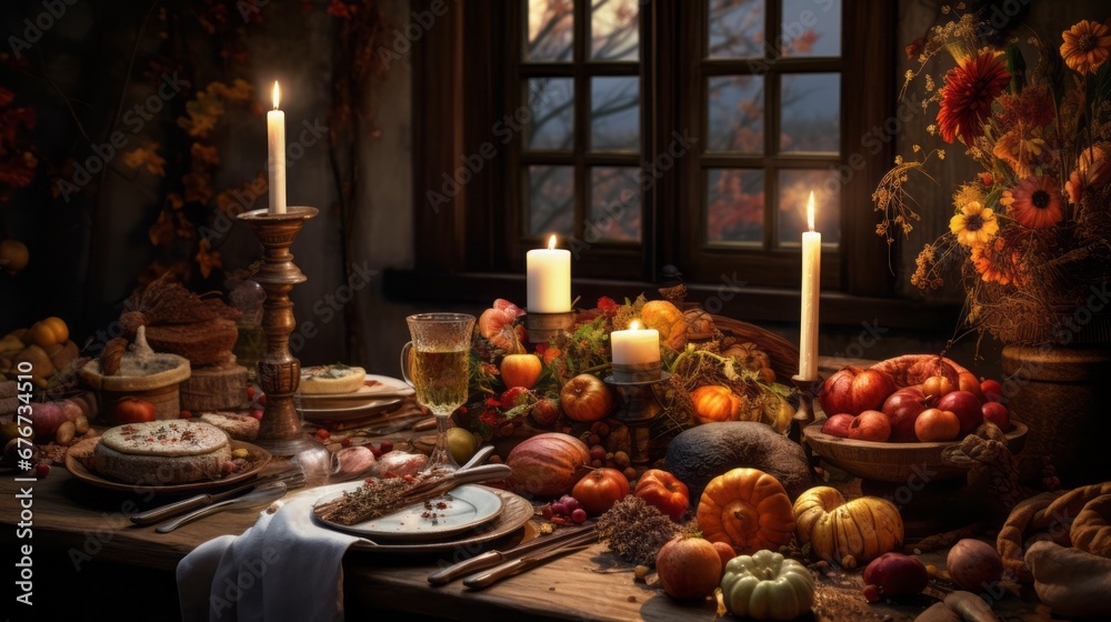 A cozy, candlelit Thanksgiving table adorned with a bountiful feast and autumn decorations, celebrating gratitude.
