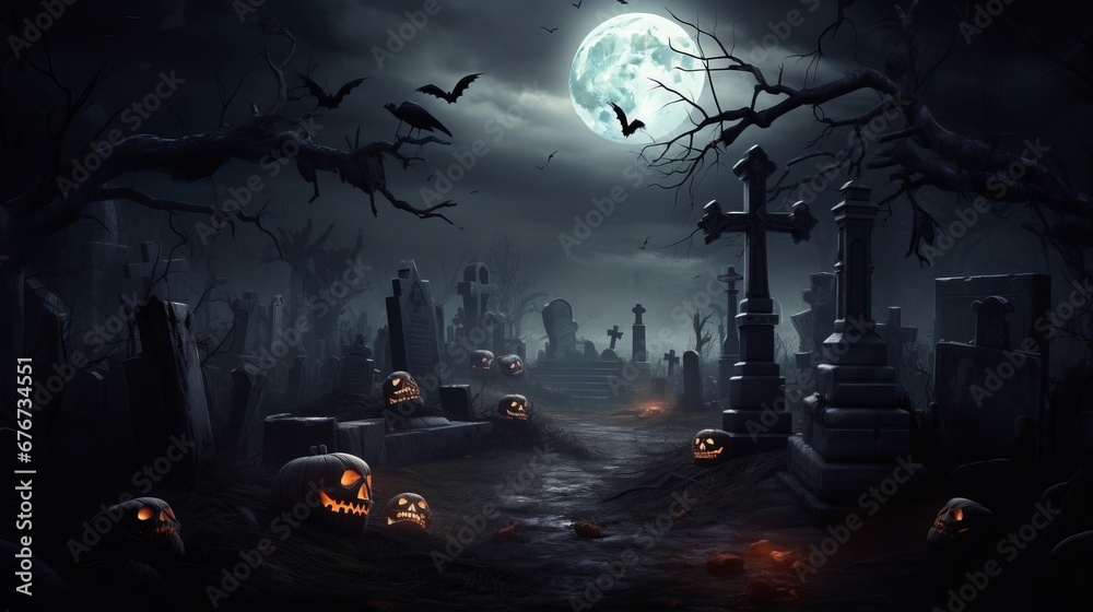 A spooky, moonlit graveyard with bats and pumpkins, setting the tone for Halloween.