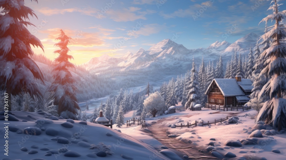 A snow-covered landscape with a cozy cabin nestled among frosted trees, capturing the serenity of a winter wonderland.