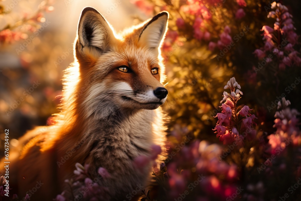 Naklejka premium Fox in the forest, fox in spring flowers, close-up of flowers and fox