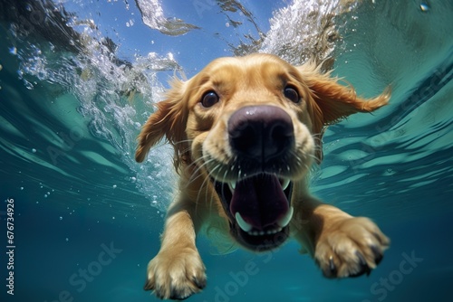 Golden retriever swimming in the pool, underwater shot of swimming puppy, close-up of pet dog swimming © pengmm