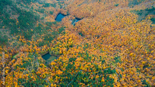 Aerial view of Yedigoller nature landscape. The magnificent harmony of lakes and autumn colors. Bolu, Turkey.