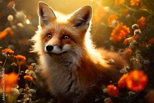 Fox in the forest, fox in spring flowers, close-up of flowers and fox