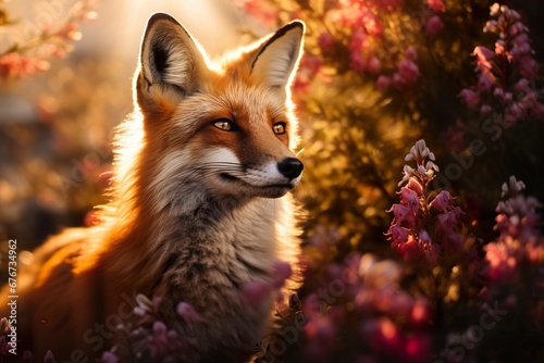Fox in the forest, fox in spring flowers, close-up of flowers and fox © pengmm