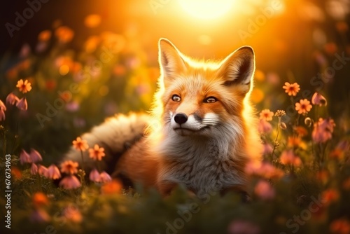 Fox in the forest, fox in spring flowers, close-up of flowers and fox