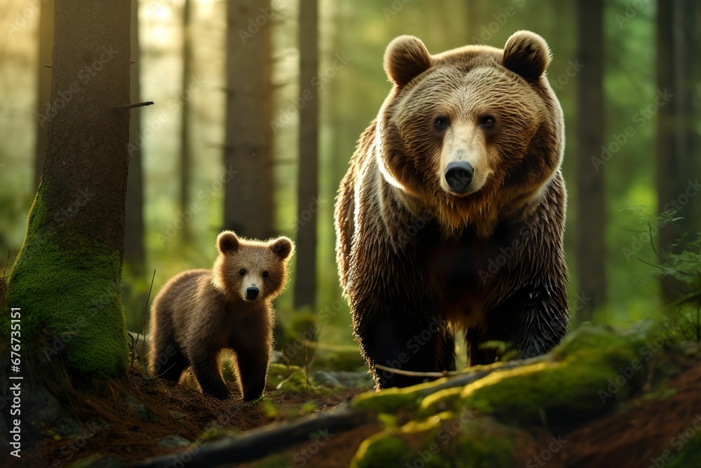 Brown bear and cub in the forest, brown bear family in the wild, close-up of a brown bear