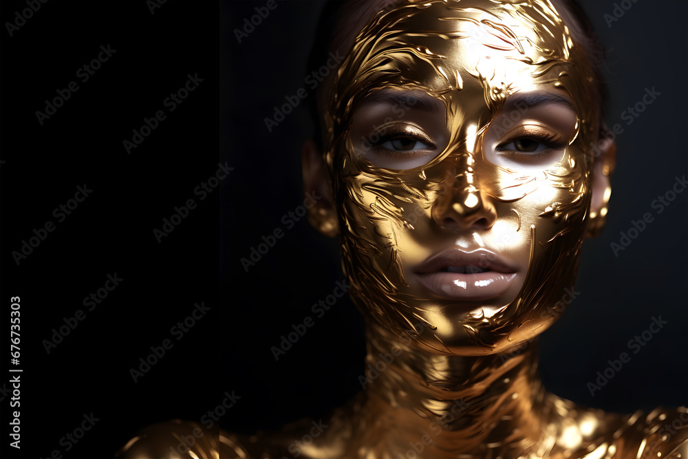Fashion editorial Concept. Closeup portrait of stunning pretty woman with chiseled features, gold shiny streak paint makeup. illuminated with dynamic composition and dramatic lighting. copy text space