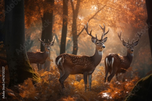 Several stags in autumn forest. Wildlife deer animal in lost fall forest trees. Generate ai