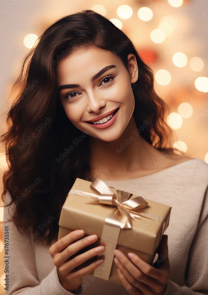 A beautiful woman enjoys unwrapping a Christmas present. A woman holds a gift in her hands. Generative AI. A beautiful woman enjoys unwrapping a Christmas present. A woman holds a gift in her hands. Generative AI.