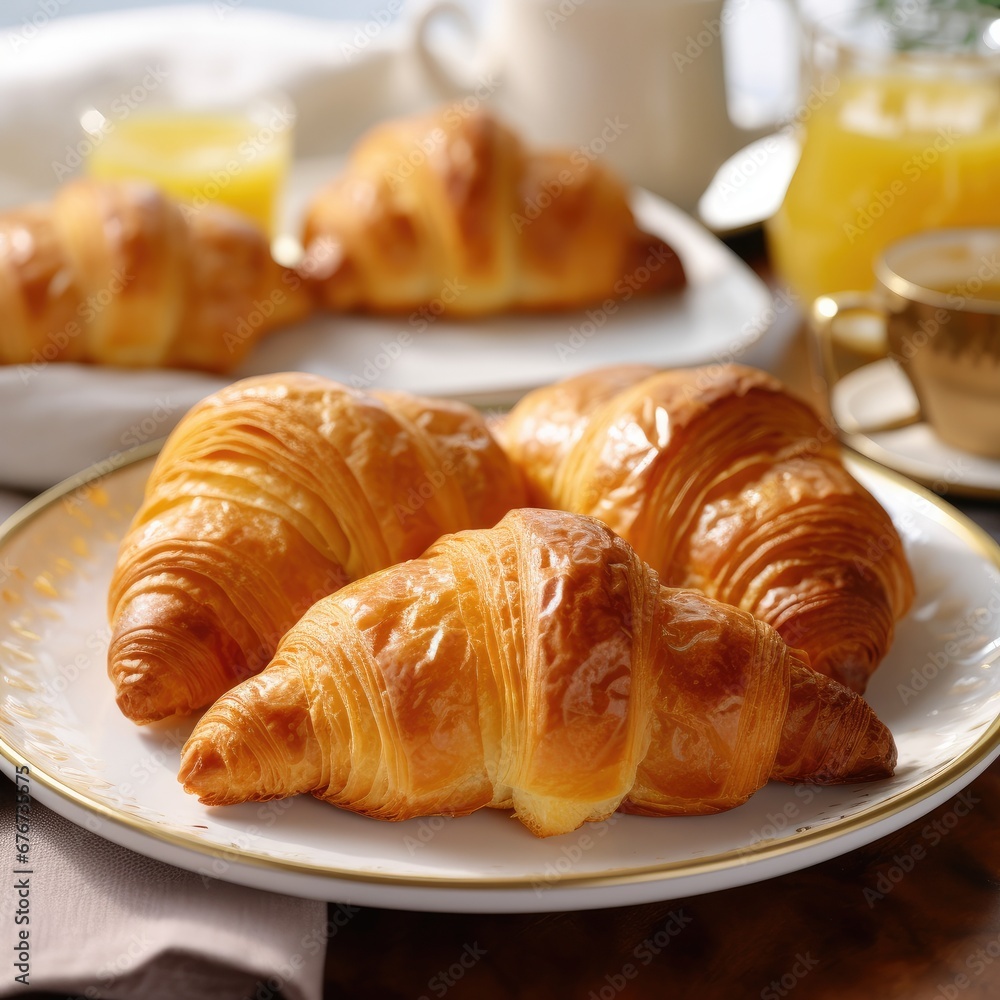 Tasty butter croissant placed on a plate. Fresh crispy croissant. Generative AI. Tasty butter croissant placed on a plate. Fresh crispy croissant. Generative AI.
