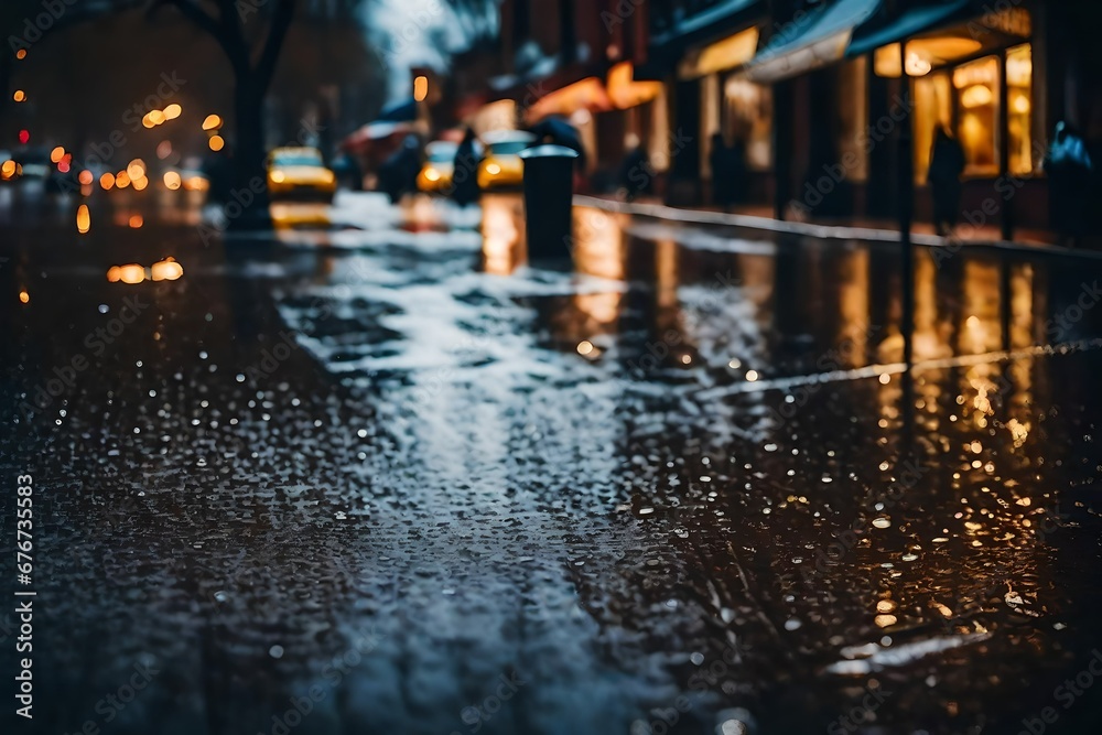 autumn, rain, slush, puddles, raindrops, water stains, city streets, sidewalks, realism, high detail, macro photography, correct line, cinematic, close-up, mj, wet