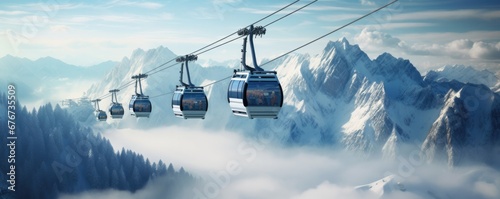 A cable car transporting skiers in a ski resort. Landscape covered with snow. Generative AI. photo