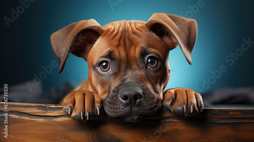 Boxer puppy on a bed sitting on a shelf, in the style of realistic hyper-detailed rendering, portraiture with emotion, brown and azure, ultra hd - Generative AI © FagegCreative