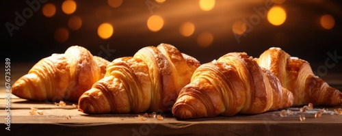 Tasty butter croissants laid on a wooden table. Generative AI.