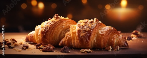 Tasty buttery nougat croissants laid on a wooden table. Generative AI.
