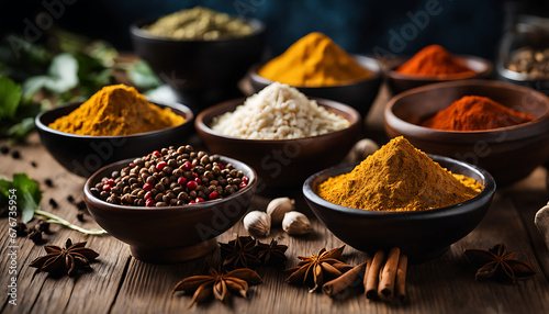 variety of spices in bowls on a wooden table. There are at least 10 different spices visible, including cumin, coriander, turmeric, paprika, and garam masala. photo
