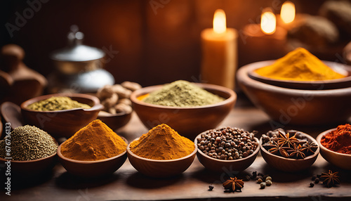 variety of spices in bowls on a wooden table. There are at least 10 different spices visible, including cumin, coriander, turmeric, paprika, and garam masala.